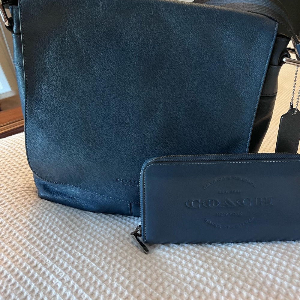 Coach Navy Leather Crossbody Purse and matching wallet.